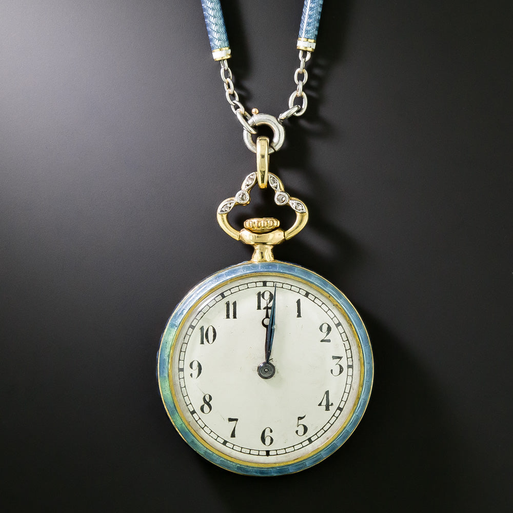 Blue Enamel and Diamond Pendant Watch - French, 1910 - 3