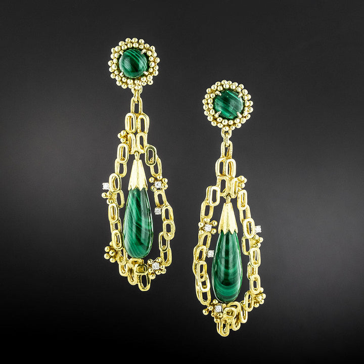 Brutalist Malachite and Diamond Dangle Earrings