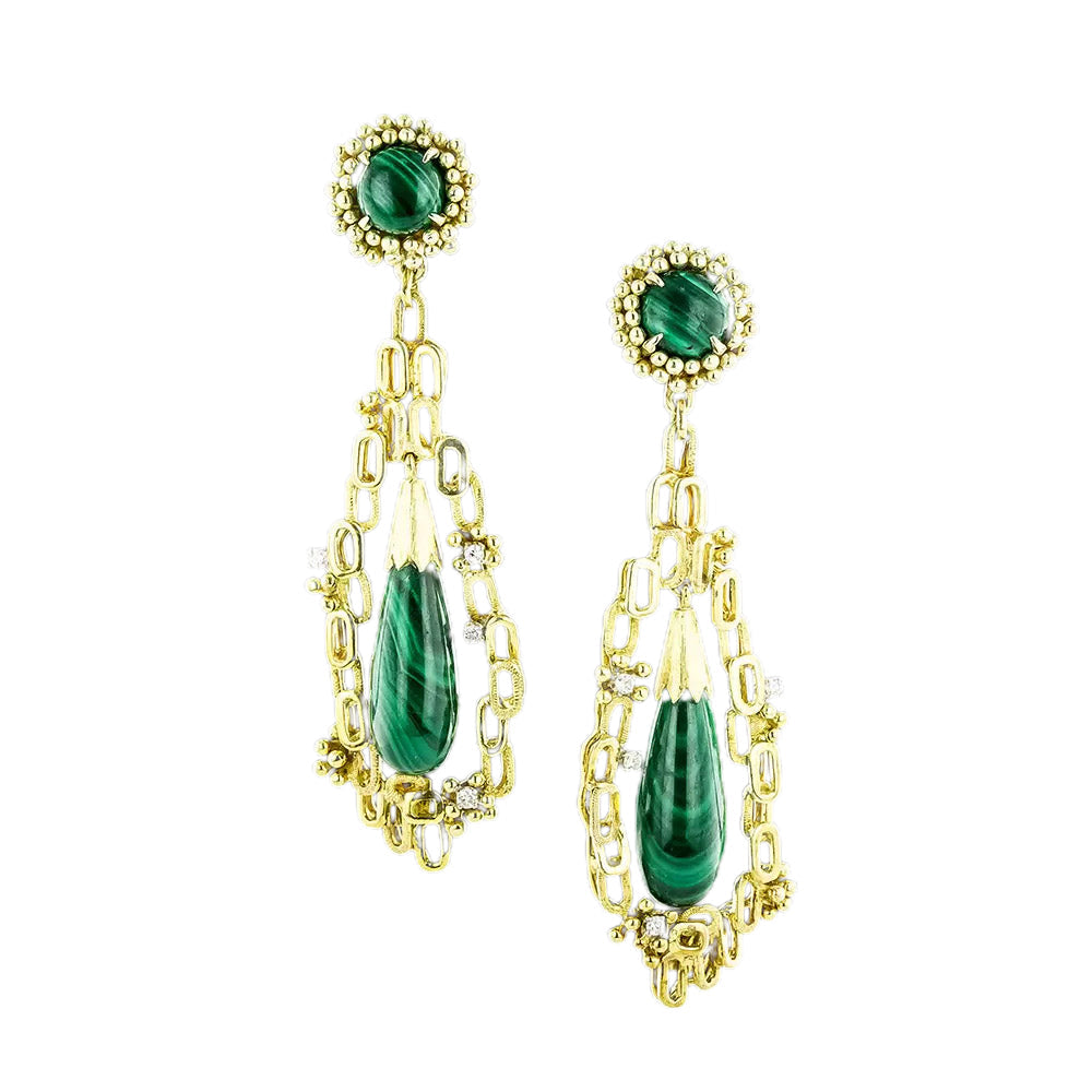 Brutalist Malachite and Diamond Dangle Earrings - 3