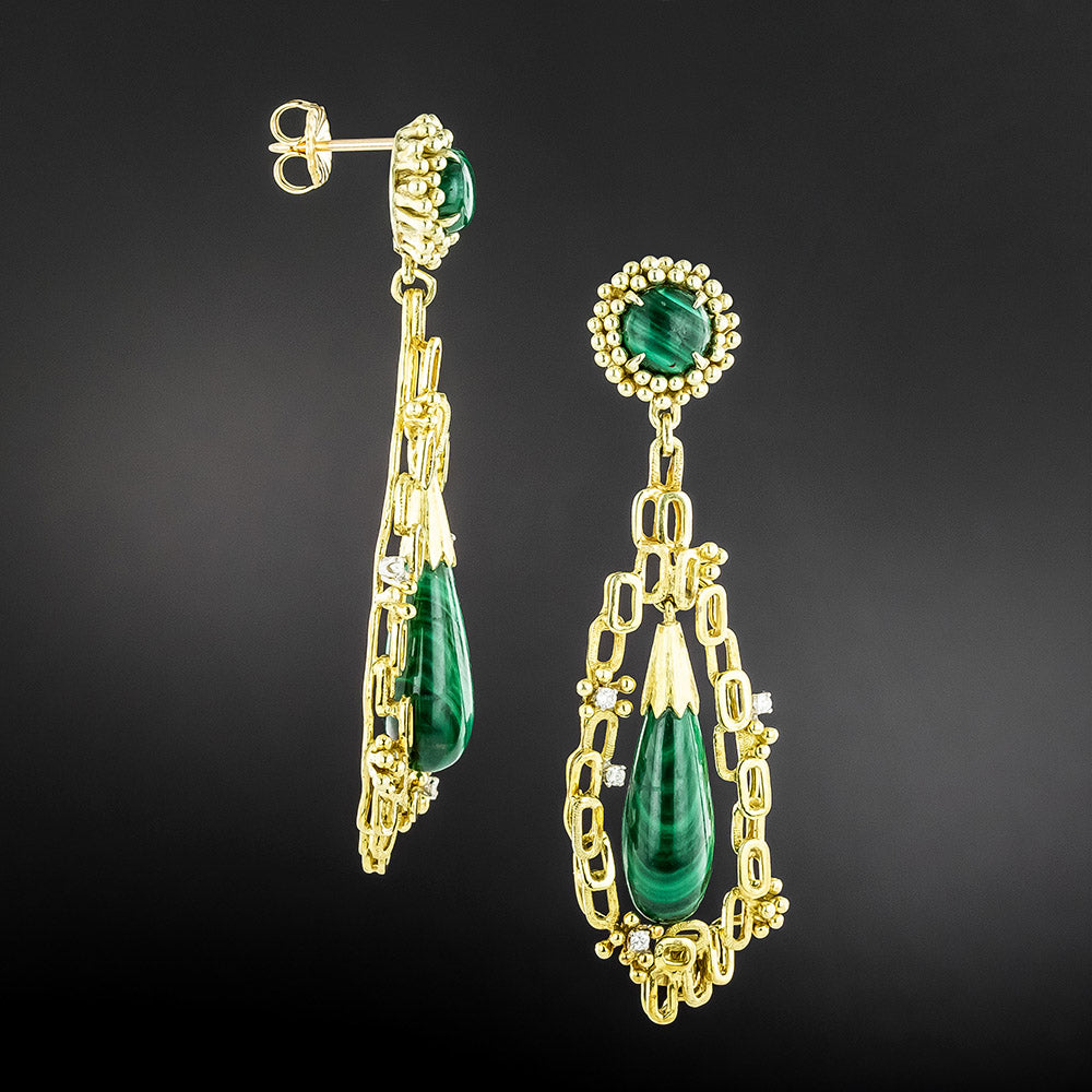 Brutalist Malachite and Diamond Dangle Earrings - 3