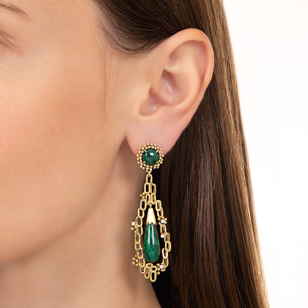 Brutalist Malachite and Diamond Dangle Earrings - 4