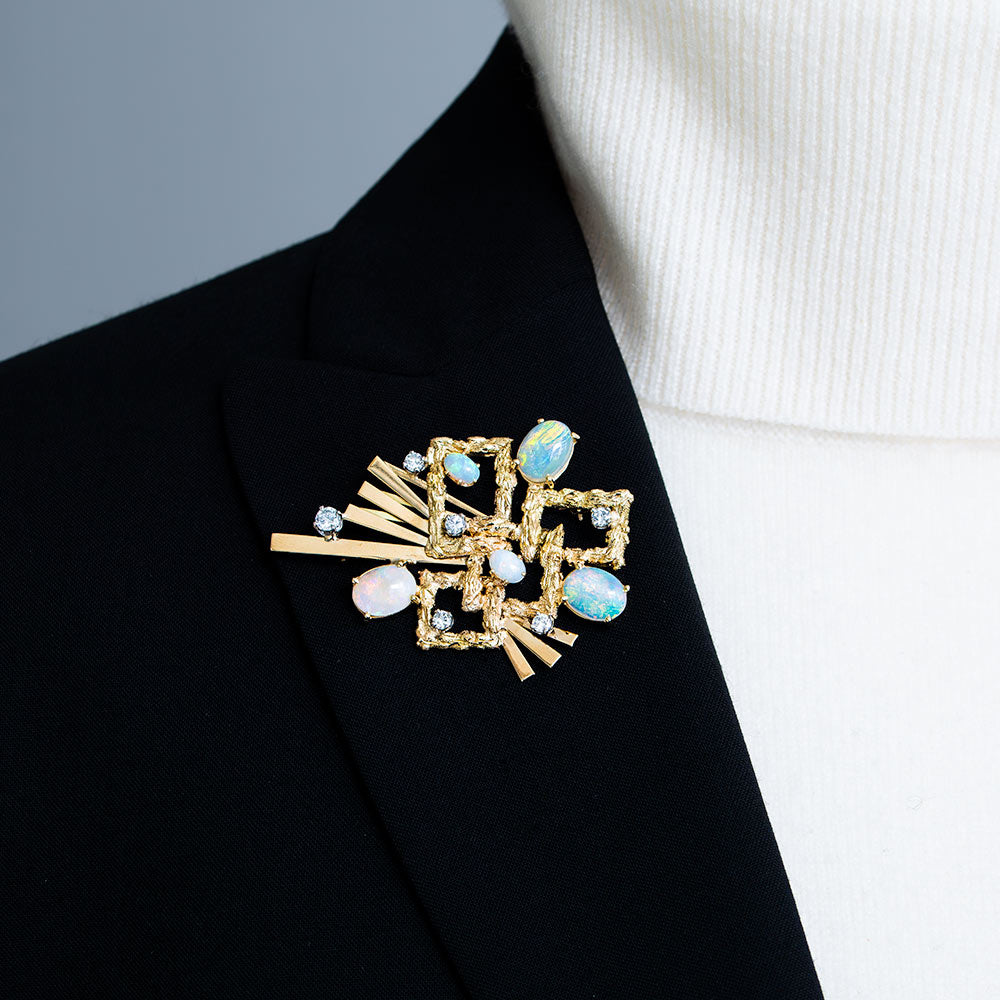 Brutalist Opal and Diamond Brooch - 3