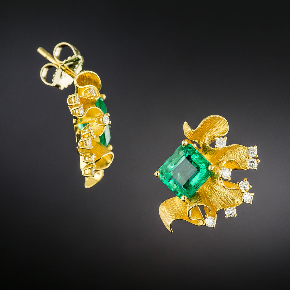 Brutalist-Style Emerald and Diamond 'Pencil Shaving' Earrings - GIA - 3
