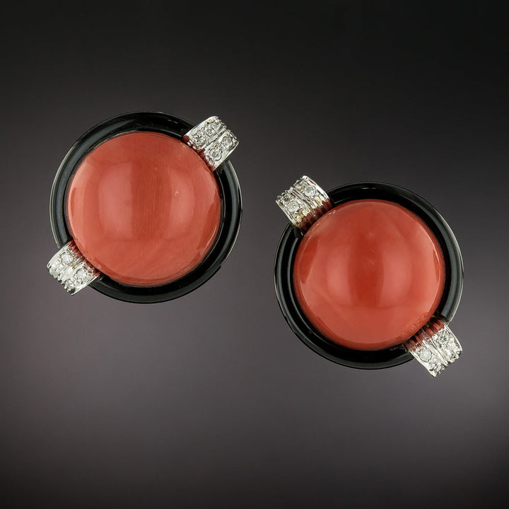 Cabochon Coral, Onyx and Diamond Circle Earrings