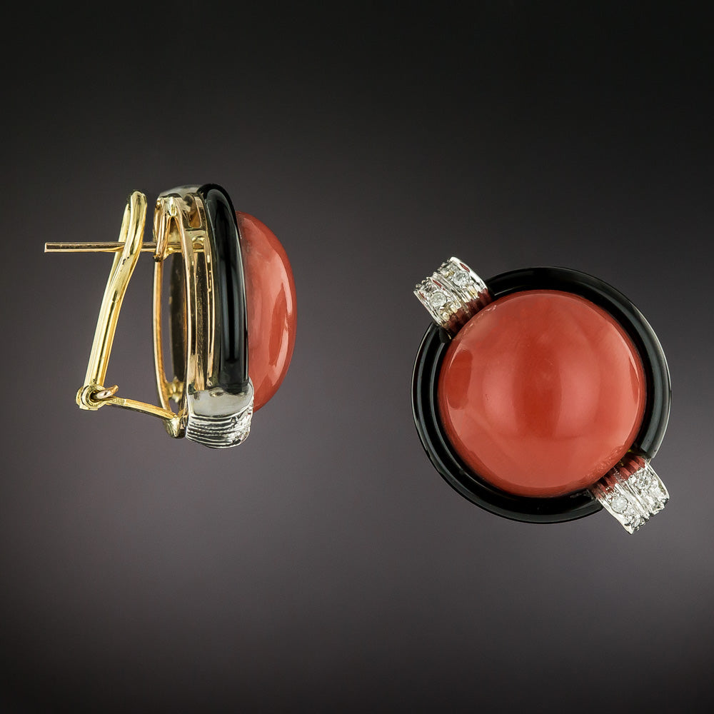 Cabochon Coral, Onyx and Diamond Circle Earrings  - 3