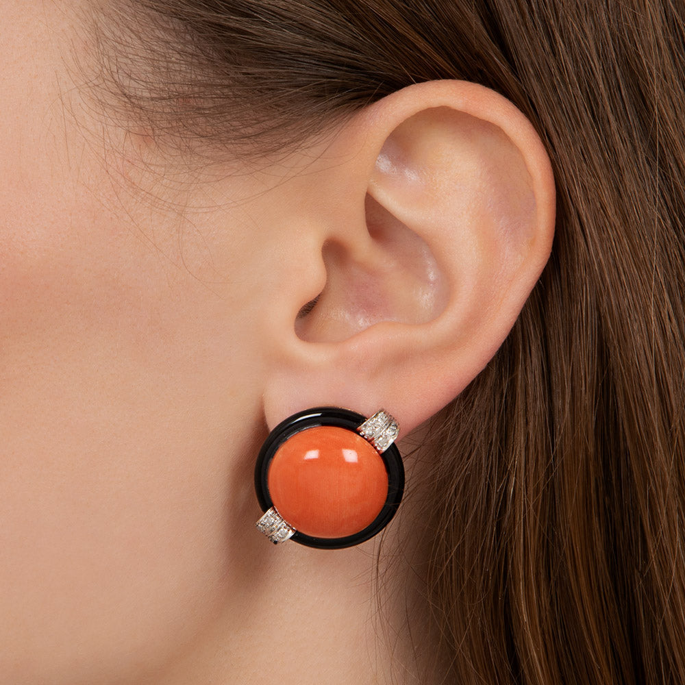 Cabochon Coral, Onyx and Diamond Circle Earrings  - 4