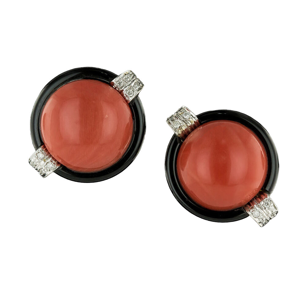 Cabochon Coral, Onyx and Diamond Circle Earrings  - 3