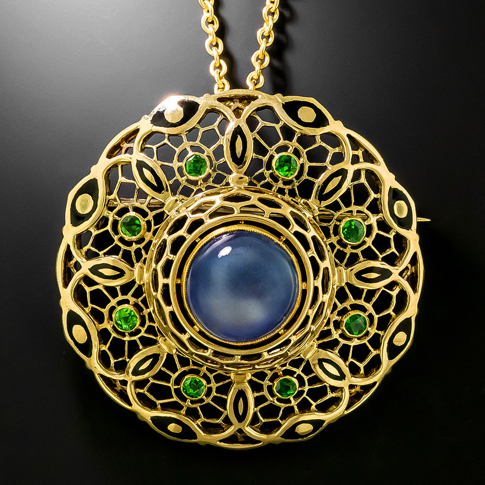 Cabochon Sapphire and Demantoid Garnet Pendant/Brooch, Circa 1900  - 2