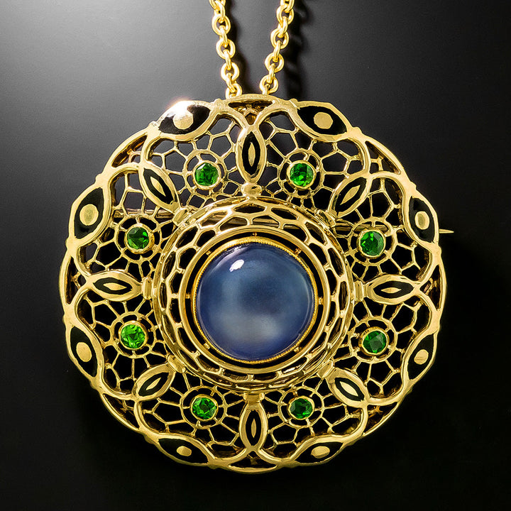 Cabochon Sapphire and Demantoid Garnet Pendant/Brooch, Circa 1900