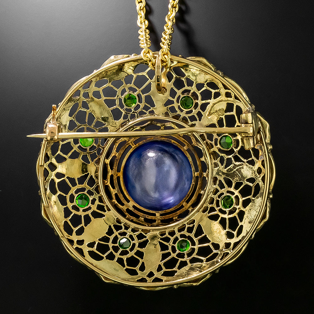 Cabochon Sapphire and Demantoid Garnet Pendant/Brooch, Circa 1900  - 3