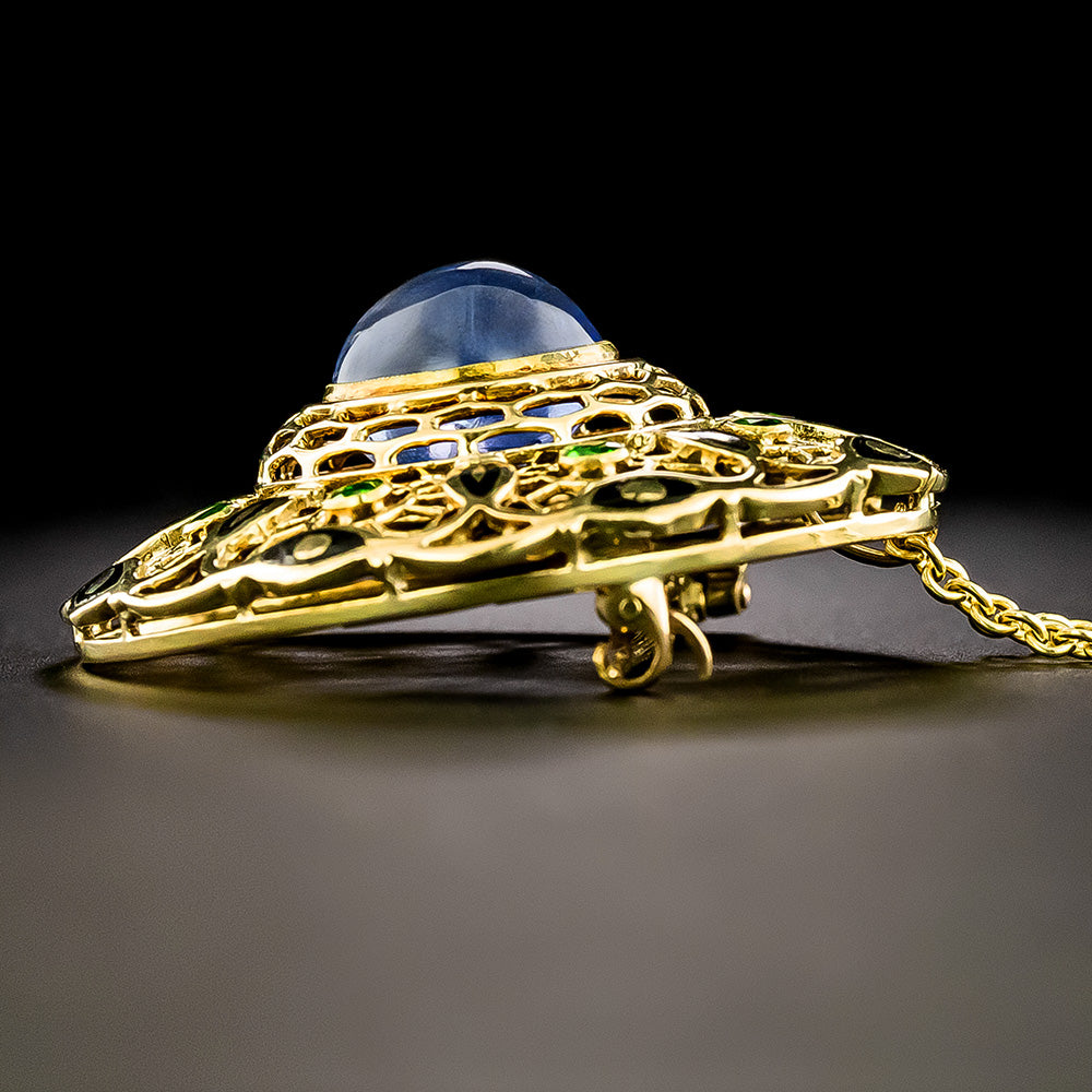 Cabochon Sapphire and Demantoid Garnet Pendant/Brooch, Circa 1900  - 4