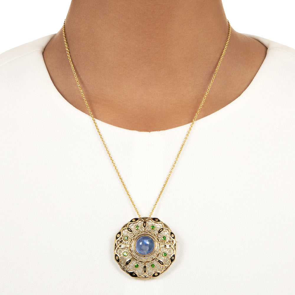 Cabochon Sapphire and Demantoid Garnet Pendant/Brooch, Circa 1900  - 5