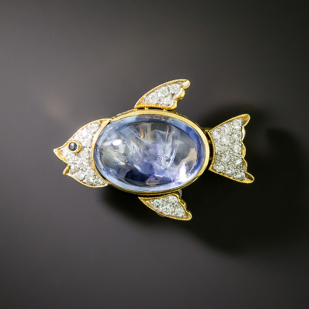 Cabochon Sapphire and Diamond Fish Pendant/Brooch - 6