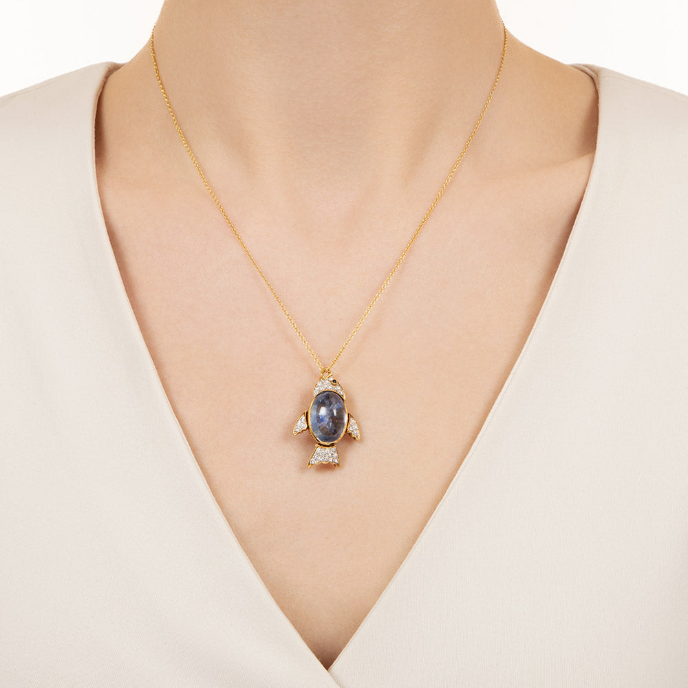 Cabochon Sapphire and Diamond Fish Pendant/Brooch - 7