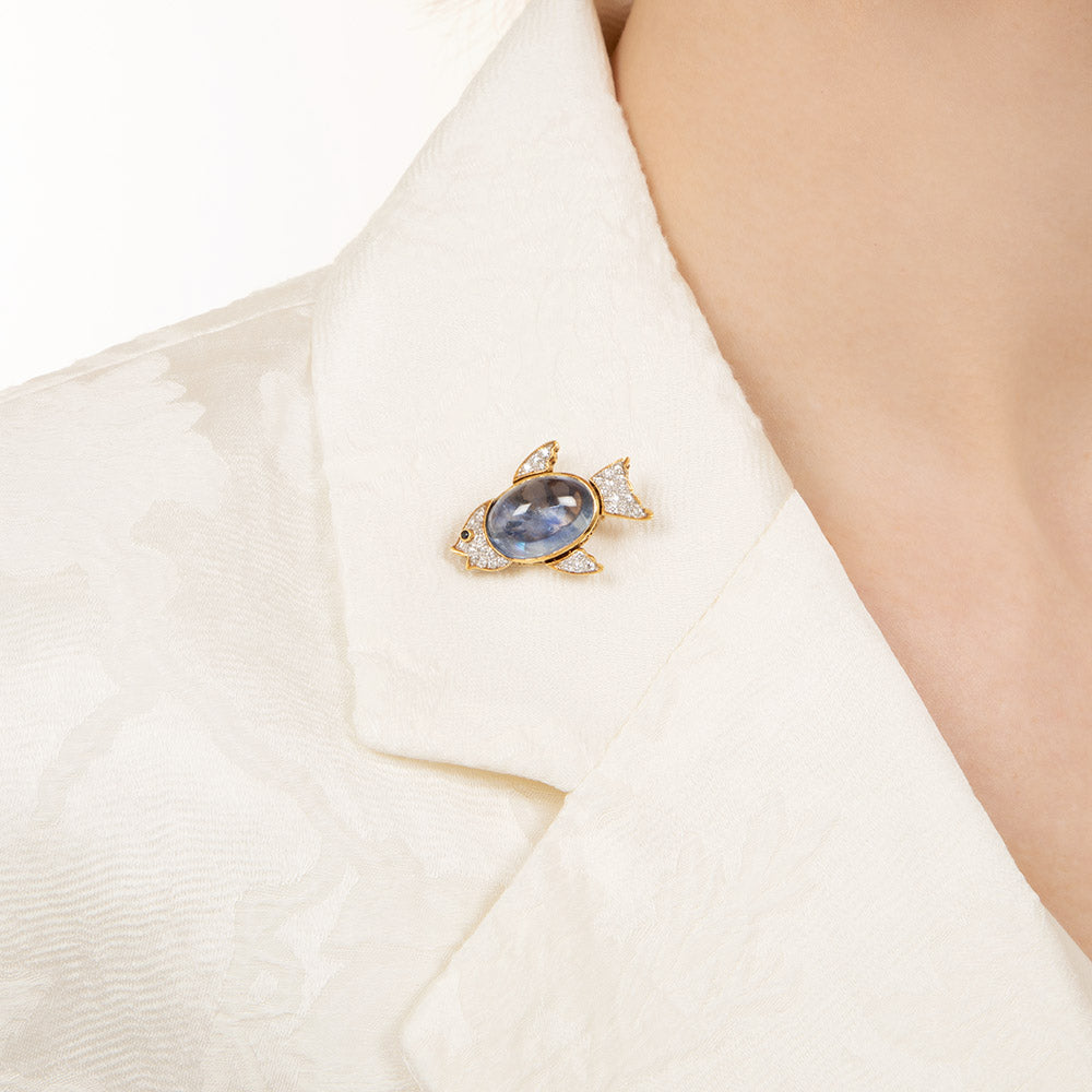 Cabochon Sapphire and Diamond Fish Pendant/Brooch - 8