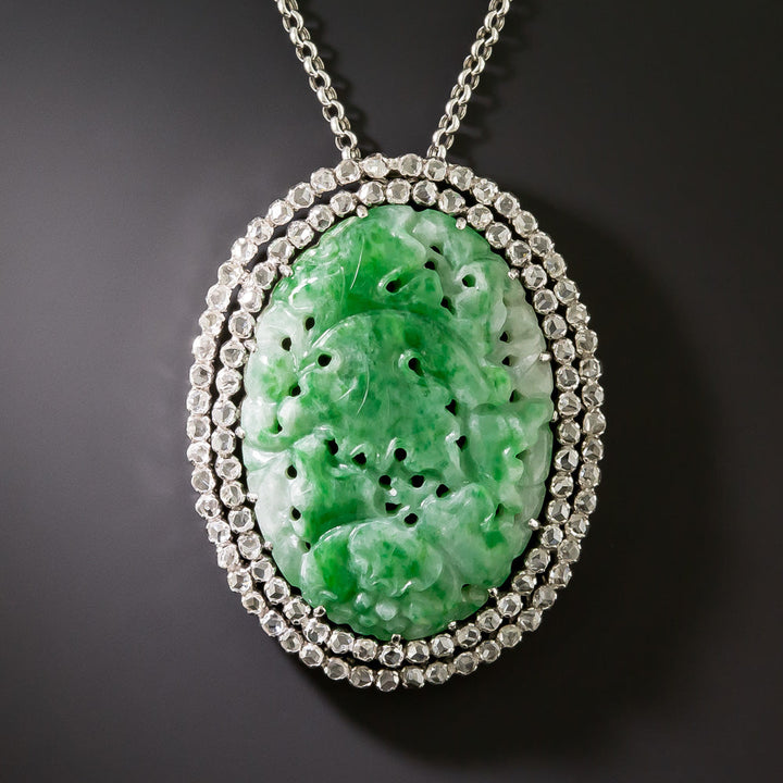 Carved Jade And Rose-Cut Diamond Halo Pendant