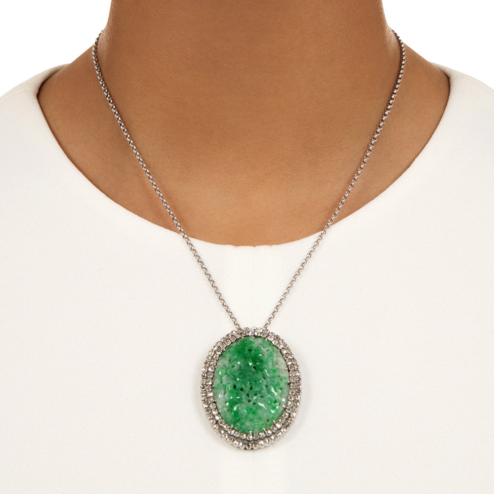 Carved Jade And Rose-Cut Diamond Halo Pendant - 3