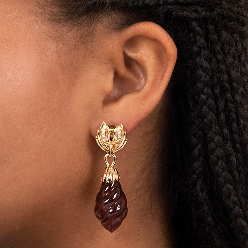 Carved Pink Tourmaline and Diamond Drop Earrings - 3