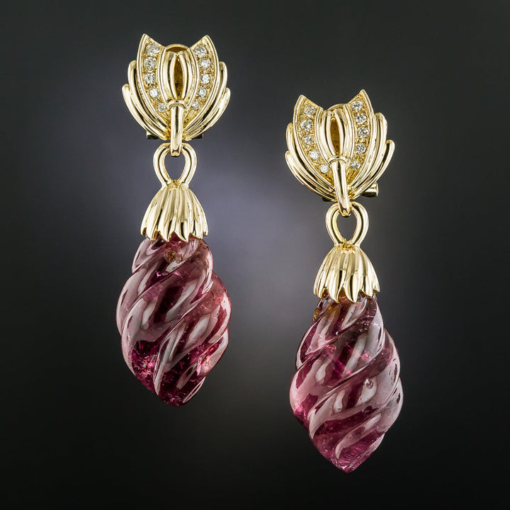 Carved Pink Tourmaline and Diamond Drop Earrings