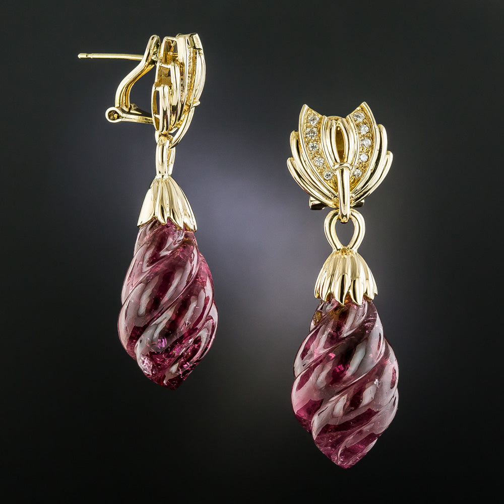 Carved Pink Tourmaline and Diamond Drop Earrings - 3