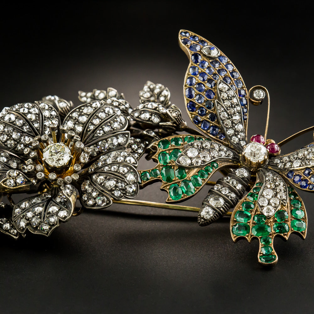 Colossal Victorian En Tremblant Butterfly and Flower Brooch  - 4