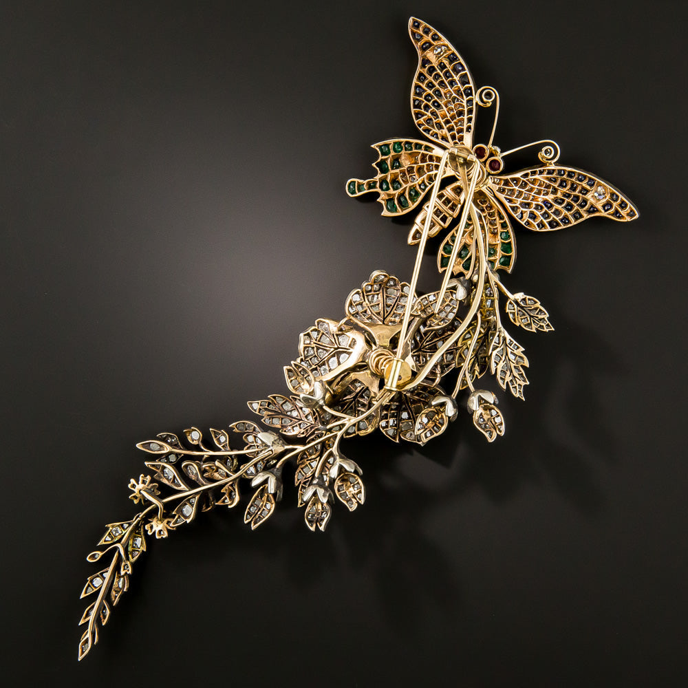 Colossal Victorian En Tremblant Butterfly and Flower Brooch  - 3