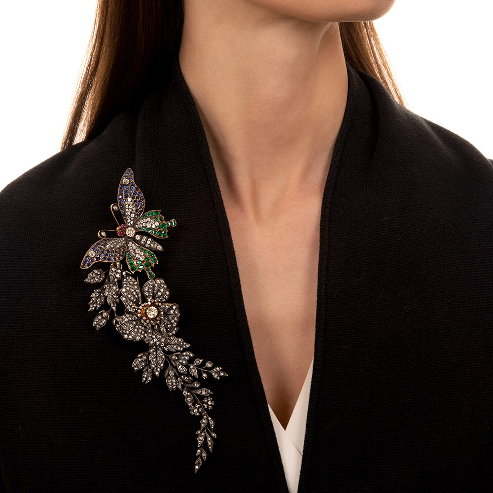 Colossal Victorian En Tremblant Butterfly and Flower Brooch  - 5