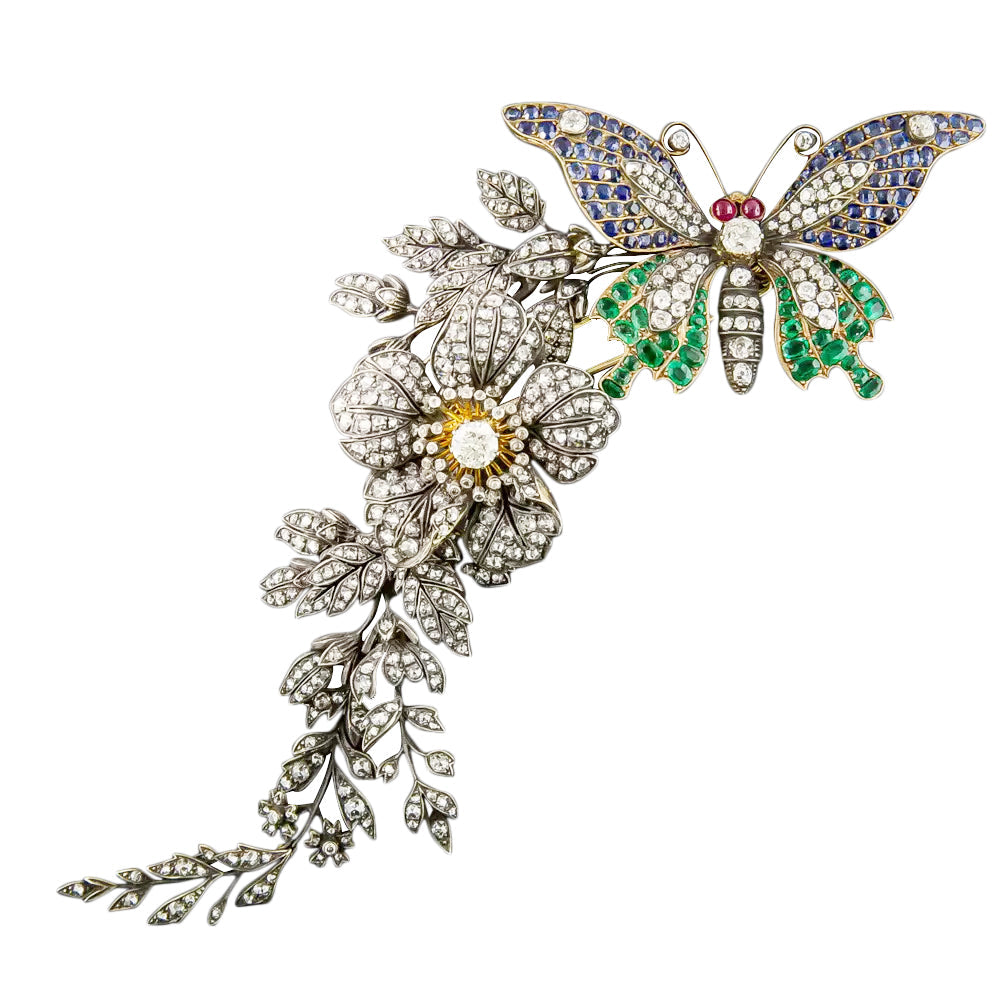 Colossal Victorian En Tremblant Butterfly and Flower Brooch  - 2