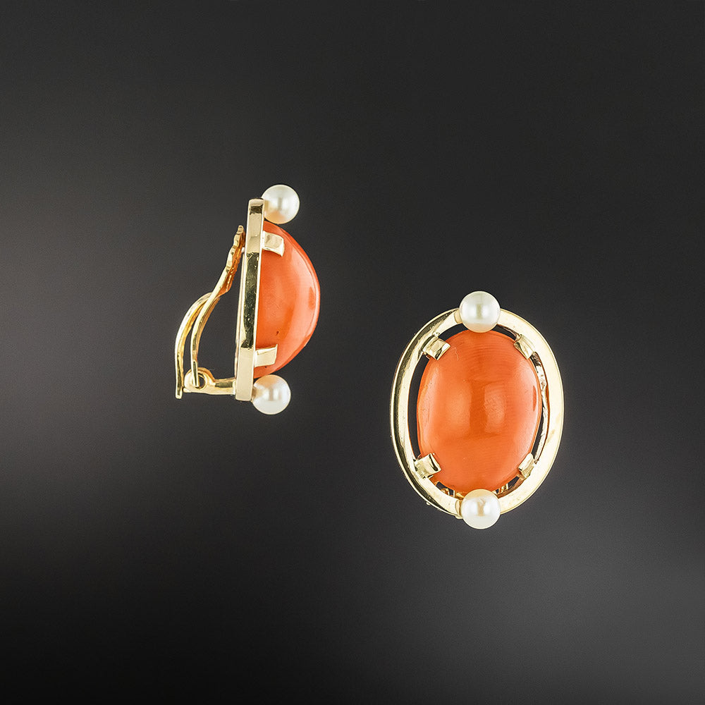 Coral and Pearl Clip Earrings  - 3