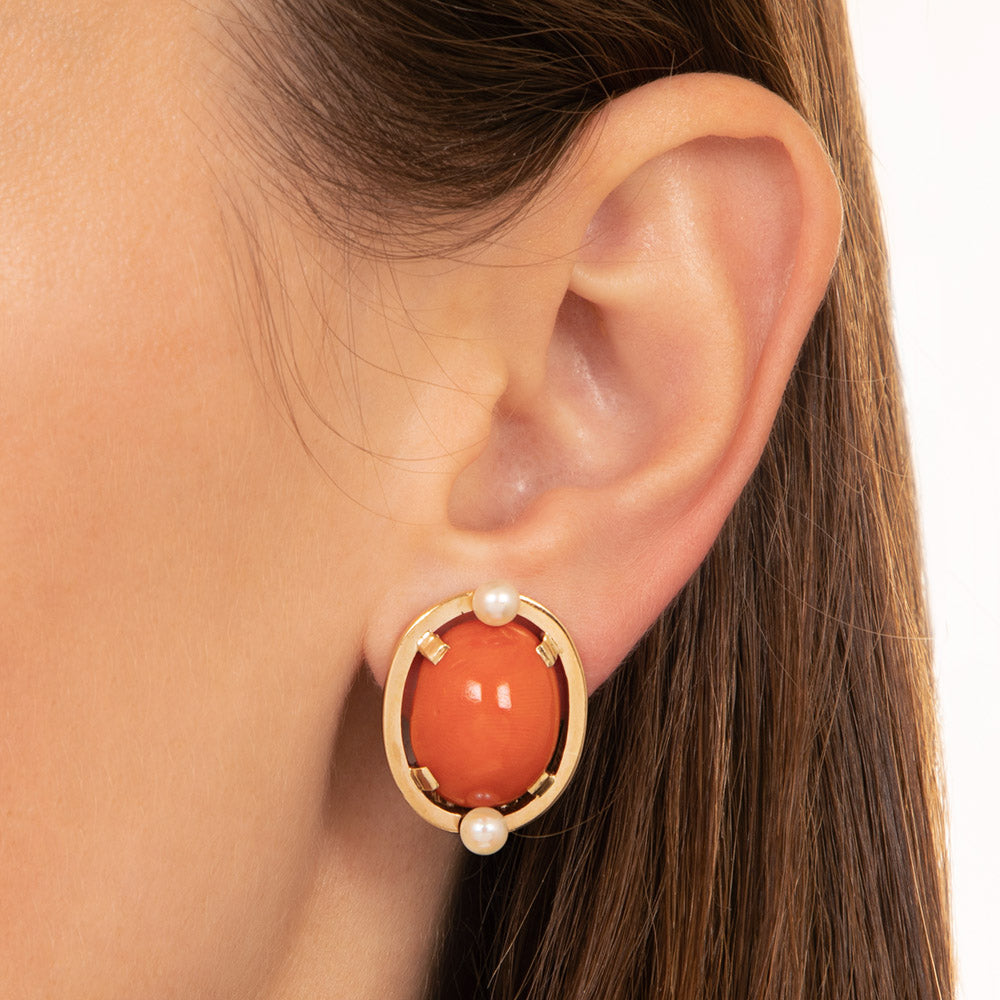 Coral and Pearl Clip Earrings  - 4