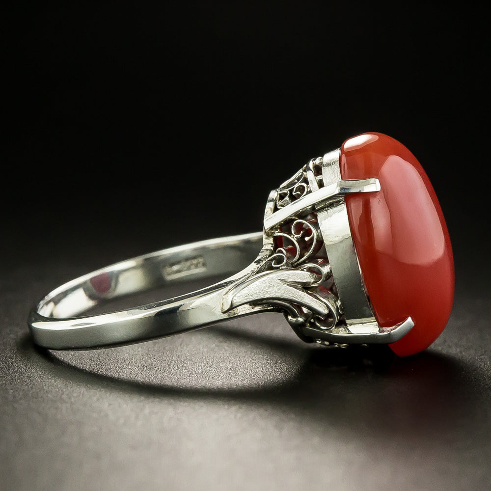 Coral Cabochon Solitaire Ring - 4