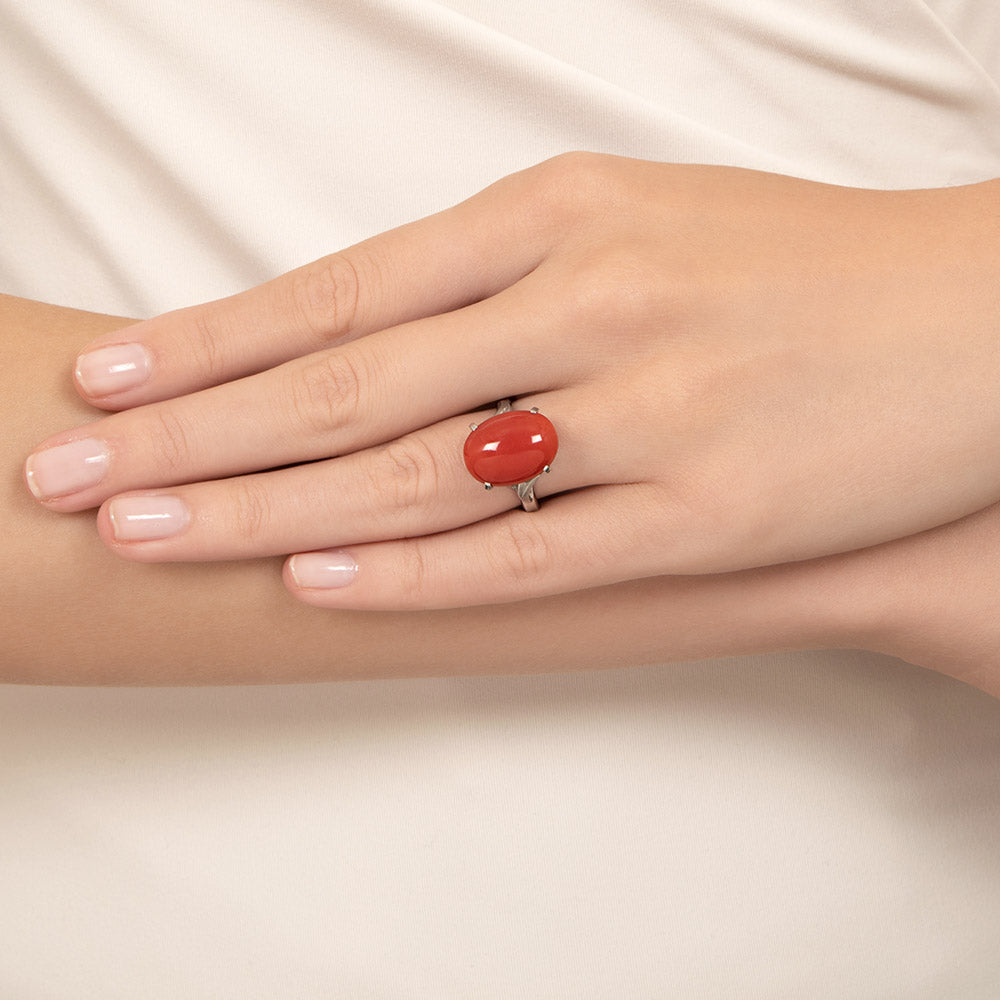 Coral Cabochon Solitaire Ring - 6