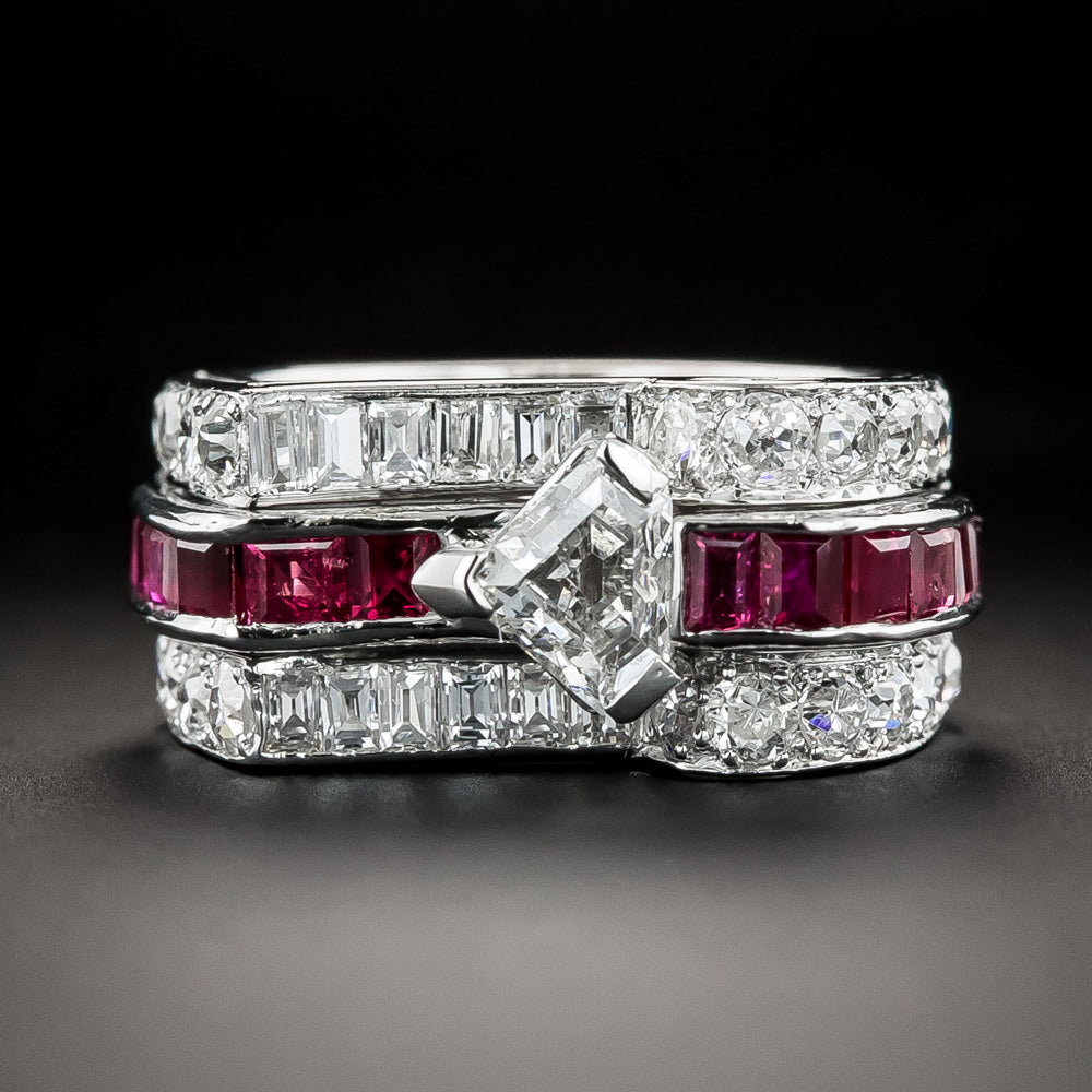 Deco/Retro Shield-Cut Diamond And Ruby Ring - 2
