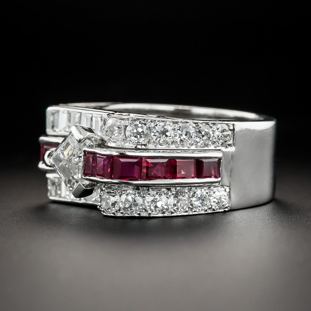 Deco/Retro Shield-Cut Diamond And Ruby Ring - 4