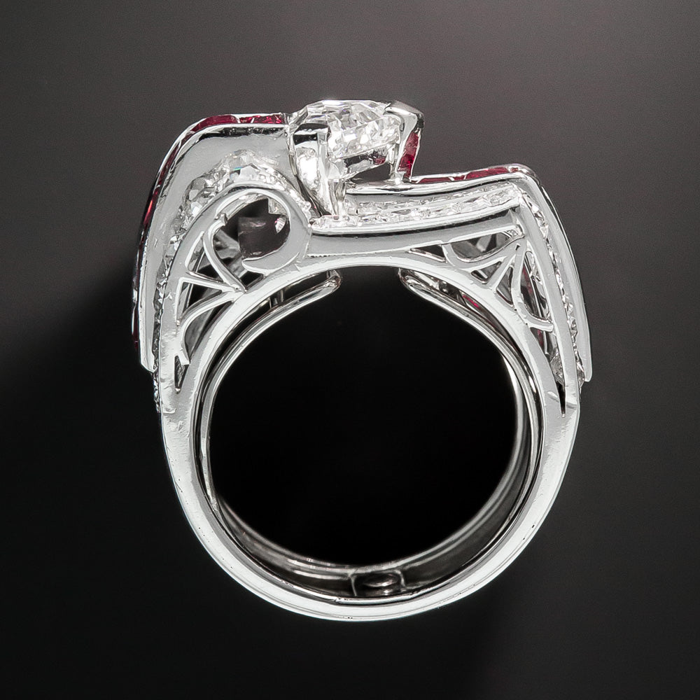 Deco/Retro Shield-Cut Diamond And Ruby Ring - 5
