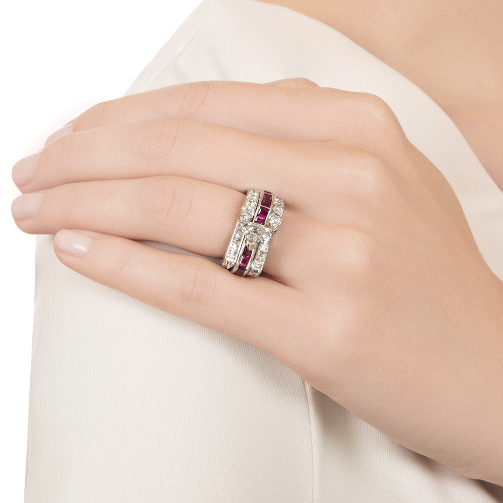 Deco/Retro Shield-Cut Diamond And Ruby Ring - 6
