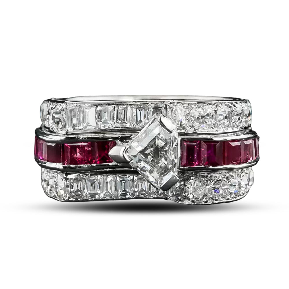 Deco/Retro Shield-Cut Diamond And Ruby Ring - 5