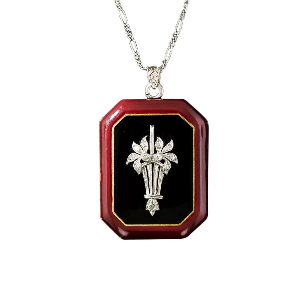 Art Deco Enamel and Diamond Flower Basket Locket - 4