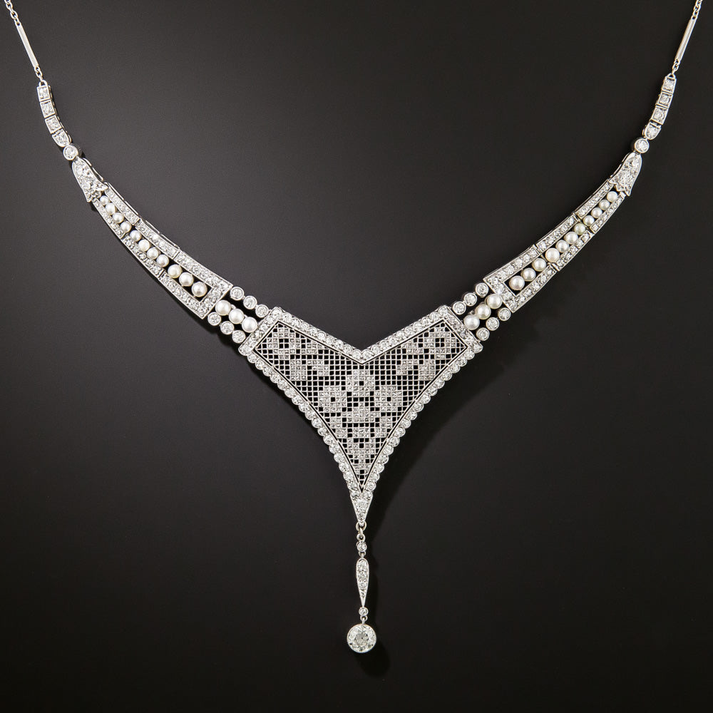 Early Art Deco Mesh, Diamond and Natural Pearl Necklace - 4