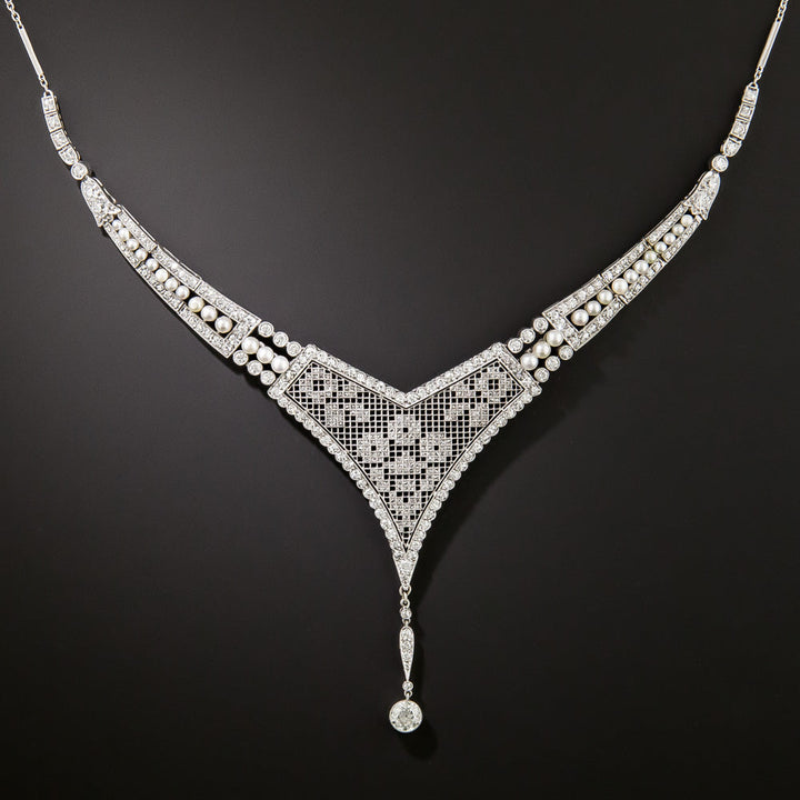 Early Art Deco Mesh, Diamond and Natural Pearl Necklace