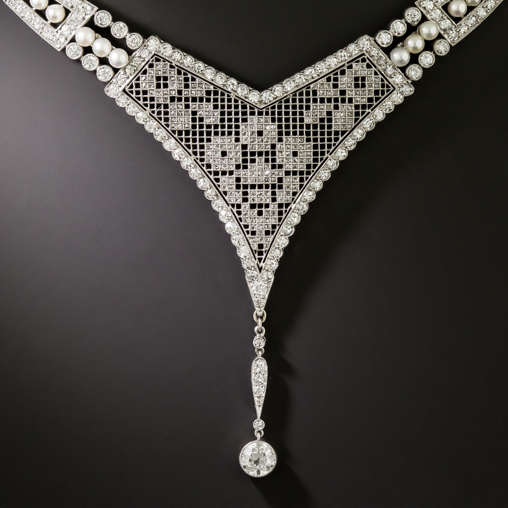 Early Art Deco Mesh, Diamond and Natural Pearl Necklace - 5