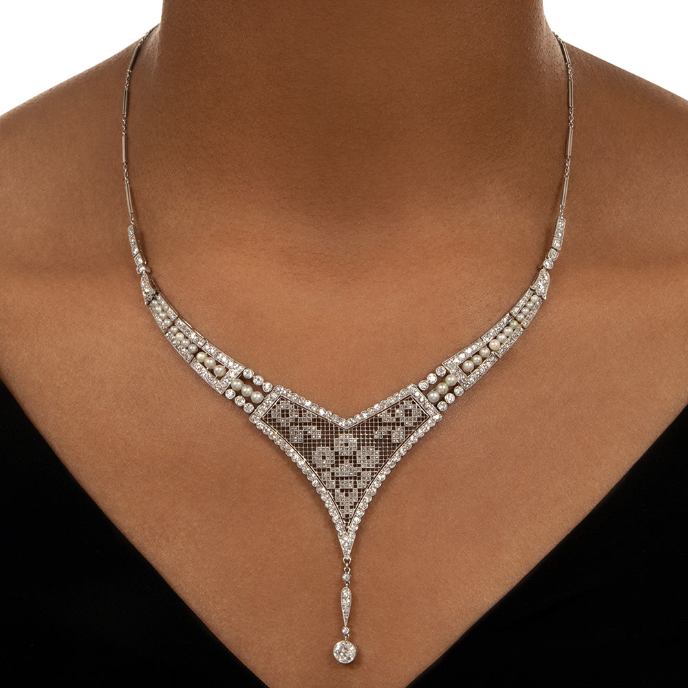 Early Art Deco Mesh, Diamond and Natural Pearl Necklace - 6