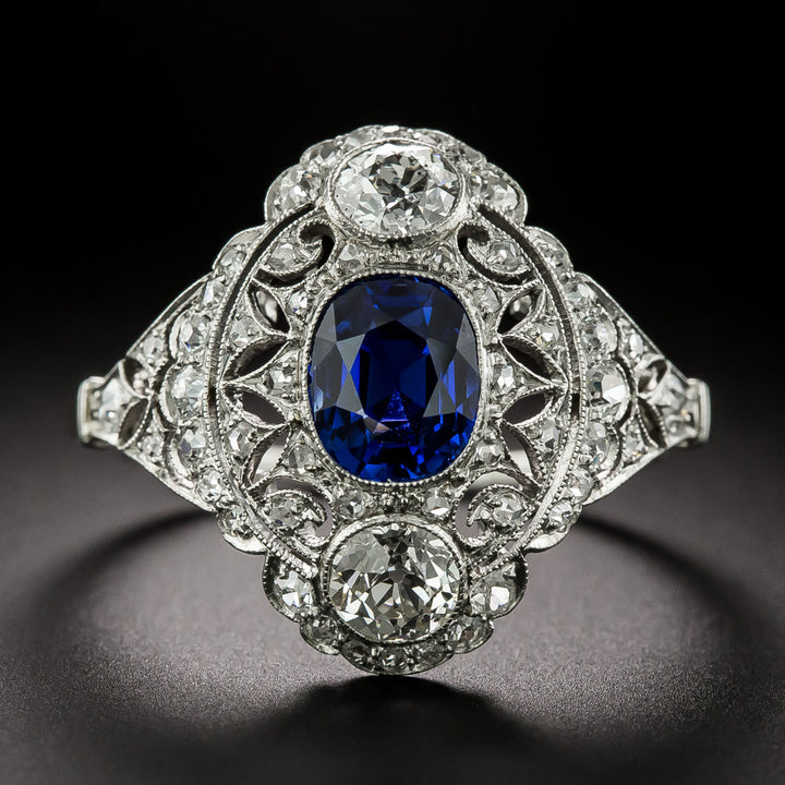 Early Art Deco No-Heat Burma Sapphire and Diamond Ring - GIA