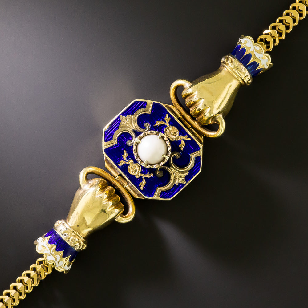 Early Victorian Enamel and Pearl 'Holding Hands' Bracelet - 2