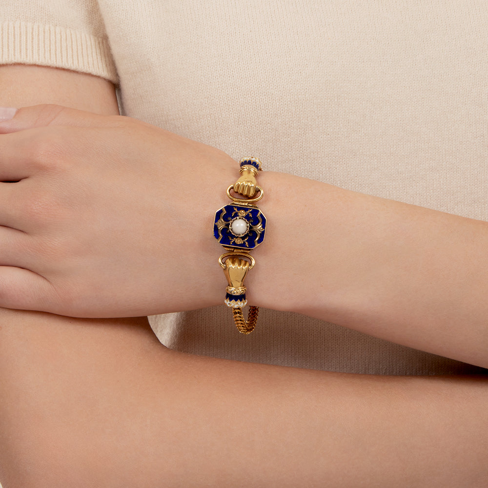 Early Victorian Enamel and Pearl 'Holding Hands' Bracelet - 4