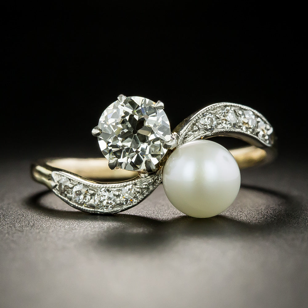 Edwardian 1.05 Carat Diamond and Natural Pearl Toi et Moi Ring - GIA J VVS2 - 1