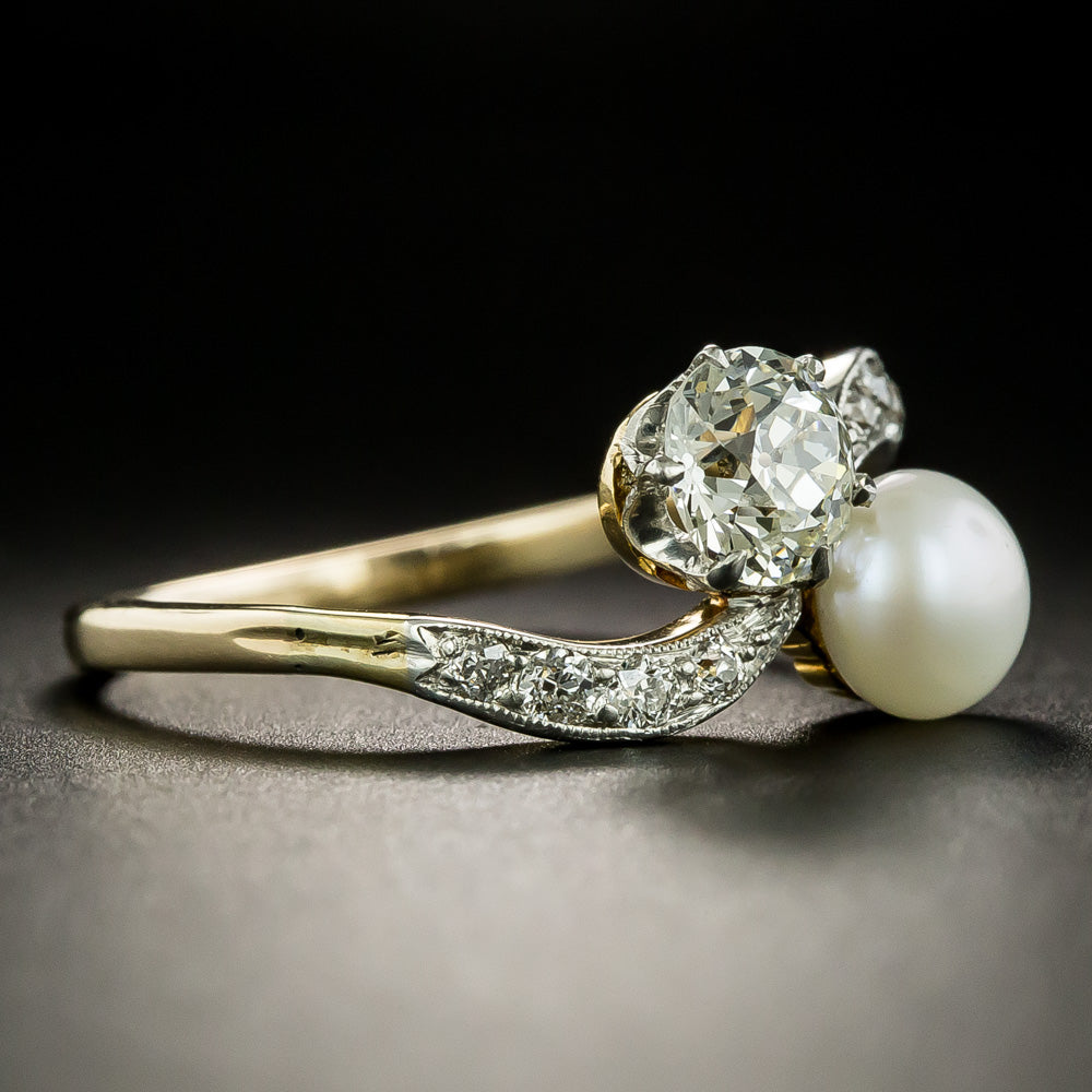 Edwardian 1.05 Carat Diamond and Natural Pearl Toi et Moi Ring - GIA J VVS2 - 2