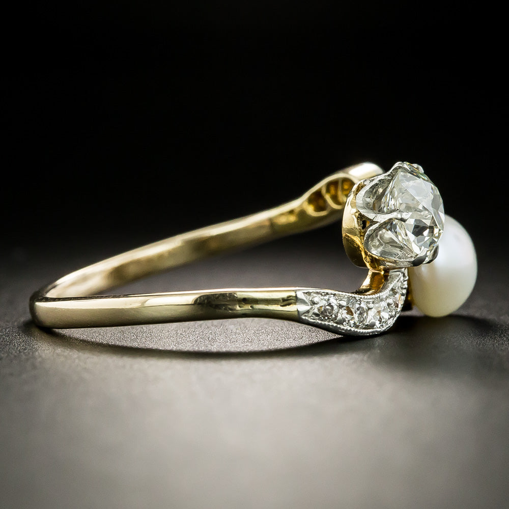 Edwardian 1.05 Carat Diamond and Natural Pearl Toi et Moi Ring - GIA J VVS2 - 3