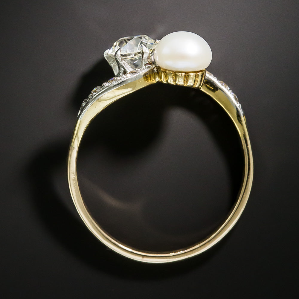 Edwardian 1.05 Carat Diamond and Natural Pearl Toi et Moi Ring - GIA J VVS2 - 4