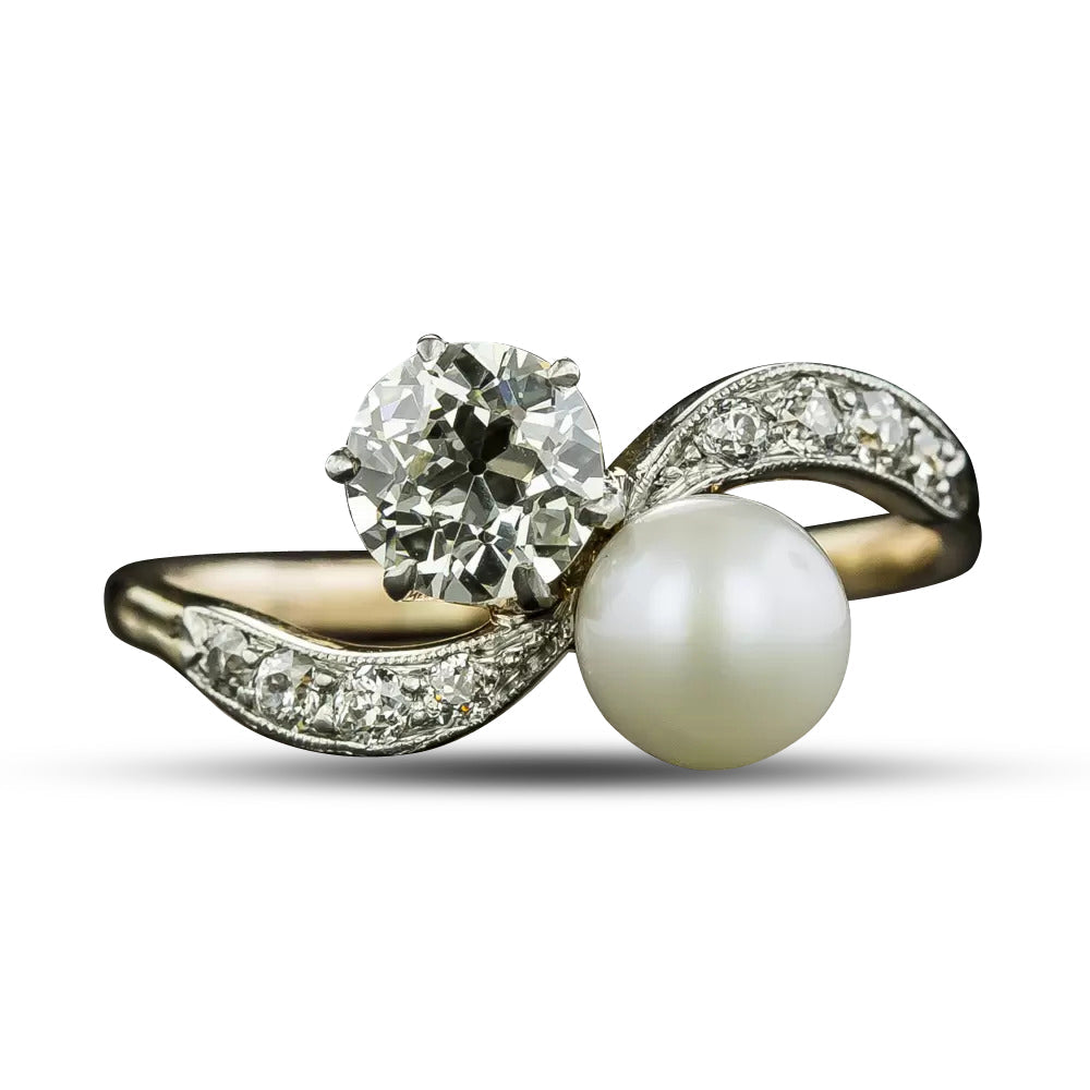 Edwardian 1.05 Carat Diamond and Natural Pearl Toi et Moi Ring - GIA J VVS2 - 5